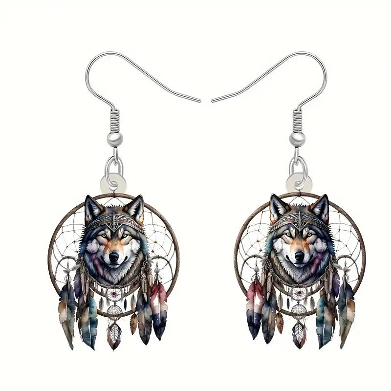 Wholesale Vintage Dreamcatcher Wolf Head Acrylic Earrings